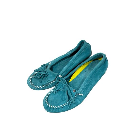 MINNETONKA Turquoise Suede Moccasins Kilty Hard Sole Fringe Boho Hippie 9.5 - Picture 1 of 7